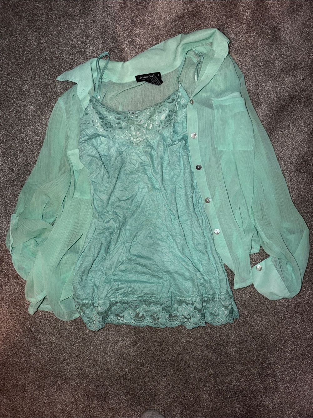 2 peice Mint Lace Camisole with Sheer Button-Up Overlay